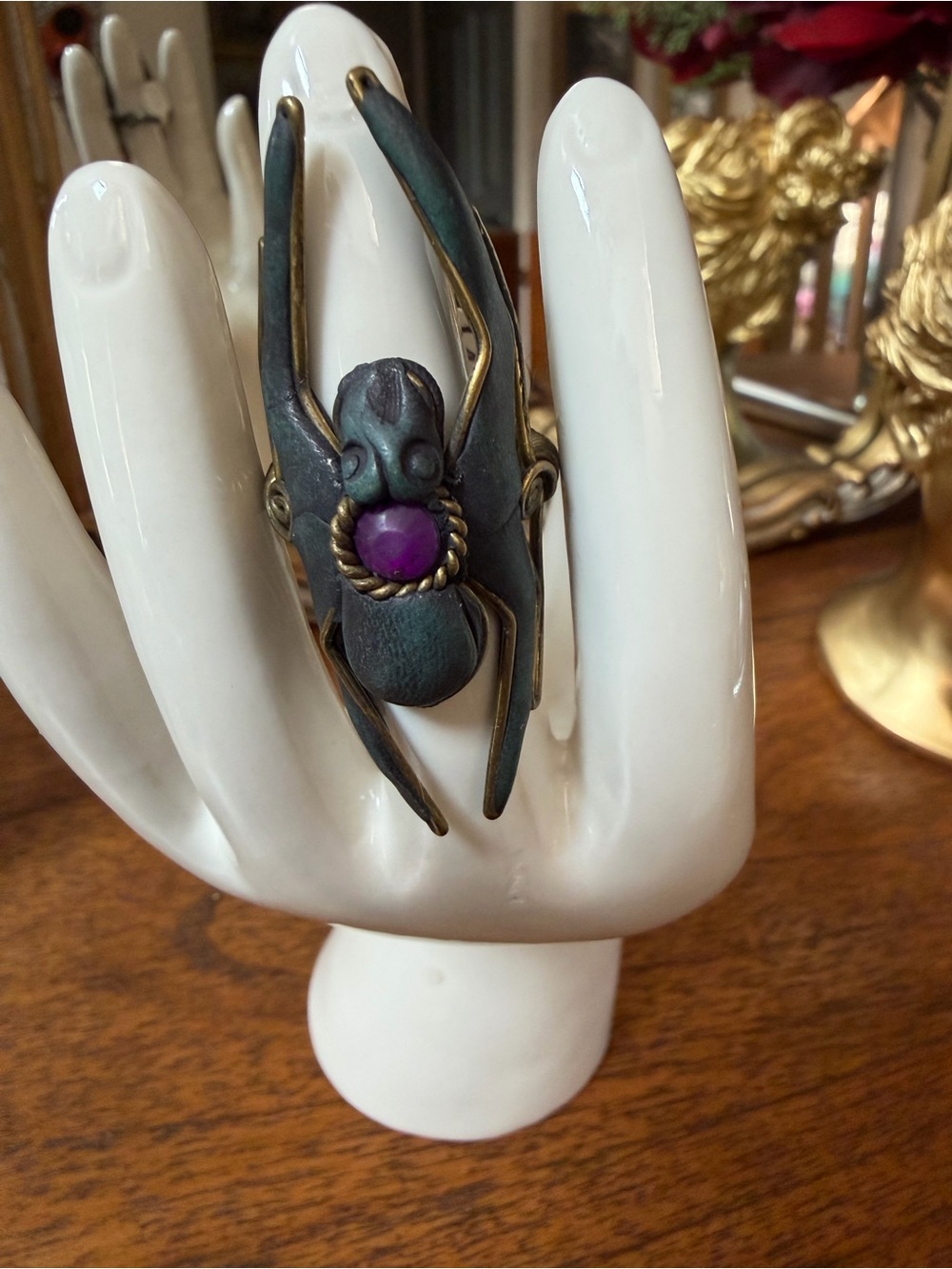 Black and Bronze With Stone Spider Ring